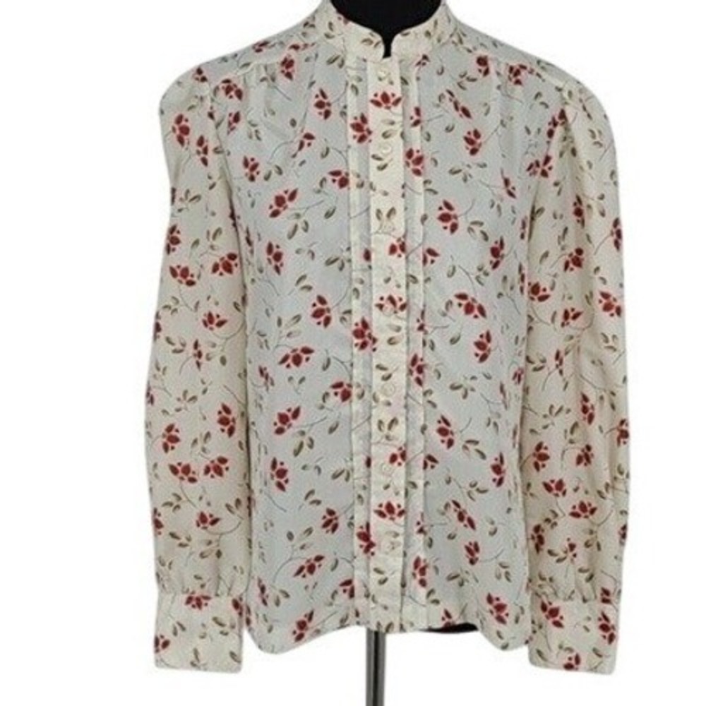 Vintage College Town Floral Mandarin Collar Blouse Cream Red Style 4850 13/14